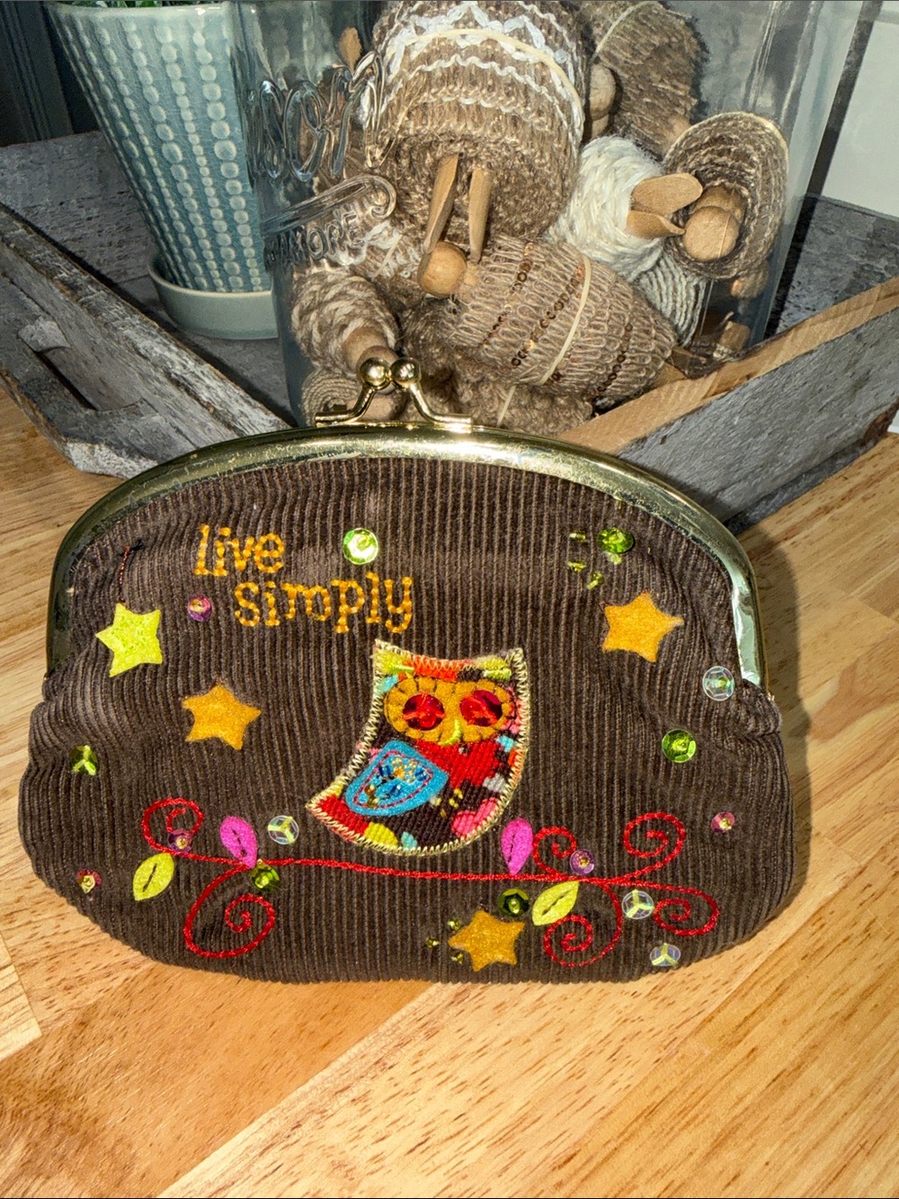 Natural life Live Simply Brown Corduroy Owl Coin Purse